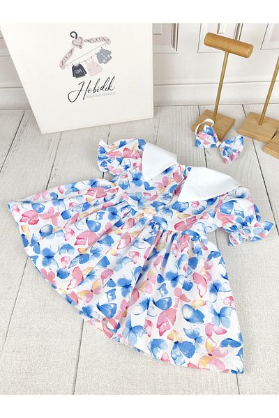 Hobidik Baby Girl Child Blue Pink Butterfly Baby Collar Cotton Poplin Fabric Dress