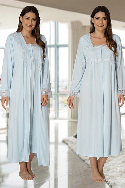 CT MODA Set de maternitate pentru femei cu dantelă albastră - mânecă lungă, halat de iarnă din bumbac și cămașă de noapte