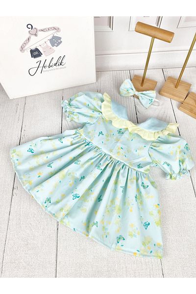 Hobidik Baby Girl Kids Water Green Collar Cotton Poplin Fabric Floral Dress