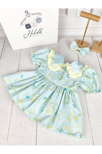 Hobidik Baby Girl Kids Water Green Collar Cotton Poplin Fabric Floral Dress