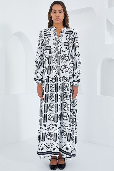 Bigdart 2423 Authentic Patterned Dress - Ecru