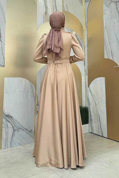 Bym Fashion Σατέν Βραδινό Φόρεμα - Βολάν και Λεπτομέρεια Πέτρα, Αξεσουάρ Ζώνης 1155 Πέτρα