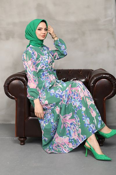 Kirazgym Tulip Pattern Belted Linen Dress