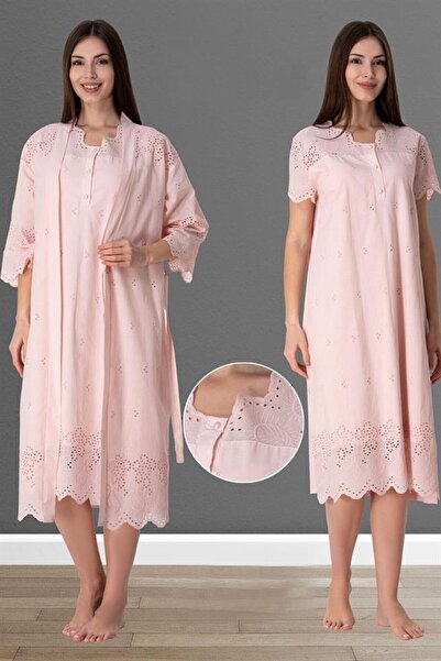 CT MODA طقم ثوب نوم نسائي من الكتان منقوش باللون البودرة - للحوامل