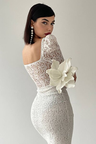 lovebox Rochie de seară midi, albă, detaliată, cu mâneci din dantelă pentru femei, design guipur transparent 249