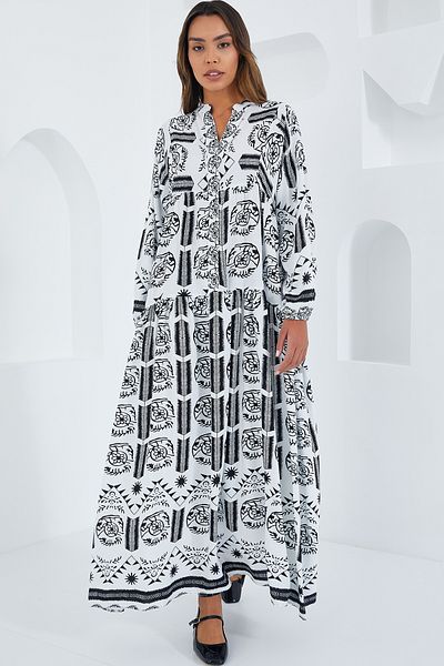 Bigdart 2423 Authentic Patterned Dress - Ecru