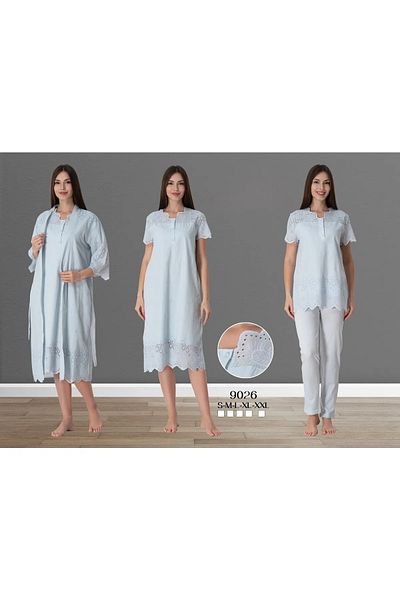 CT MODA Set pijamale de maternitate din in albastru si bumbac - Set camasa de noapte de maternitate