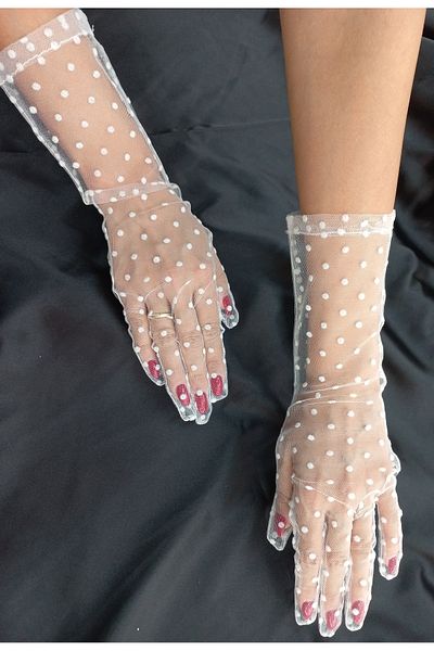 es moda shop قفازات الزفاف Violetta Polka Dot، طول المعصم، أبيض