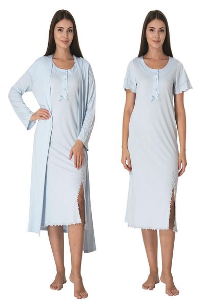 CT MODA Set halat și cămașă de noapte din bumbac albastru pentru gravide și postpartum