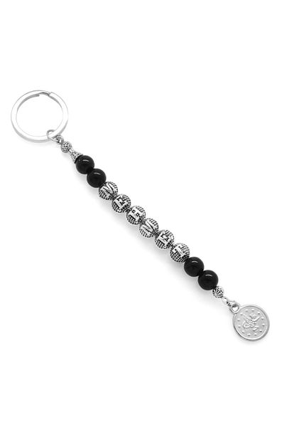 Tesbihane Non-Tarnish Metal Name Written Onyx Natural Stone & Steel Combination Keychain