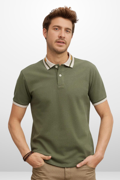 COSMOS BOX Tricou pentru bărbați, kaki, slim fit, 100% bumbac, cu guler polo,...