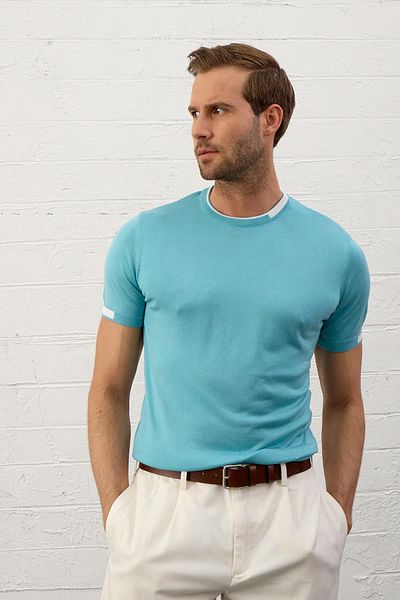 Danger Ανδρικό γαρνιρισμένο Slim-fit Καλοκαιρινό πλεκτό T-shirt Aqua