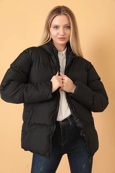 MEECY Schwarzer Puffermantel mit Kapuze für Damen