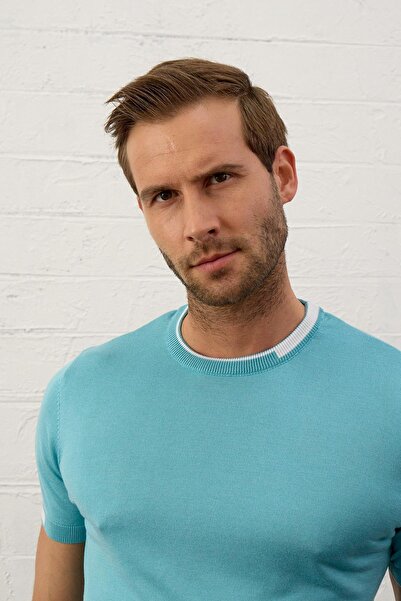 Danger Ανδρικό γαρνιρισμένο Slim-fit Καλοκαιρινό πλεκτό T-shirt Aqua