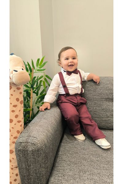 HAYTA Children's Suit Children's Salopet Suit with Shirt and Bow Tie Claret Red