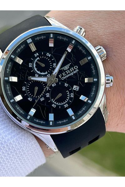 FERRO Calendar Black Color Silicone Cord 30 Mt Waterproof Men's Wristwatch EFM31354-J2