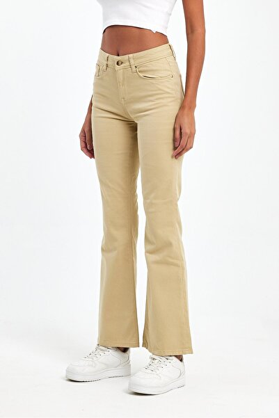 EXPLODE - Kadın Bej Likralı 5 Cep Flare Pantolon