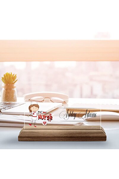 Bk Gift Kişiye Özel İsimli Hemşire Temalı Ahşap Tabanlı Akrilik Masa İsimliği...
