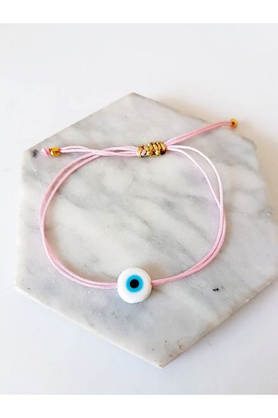 Atelier Çağla White Glass Evil Eye Beaded Powder Pink Rope Bracelet