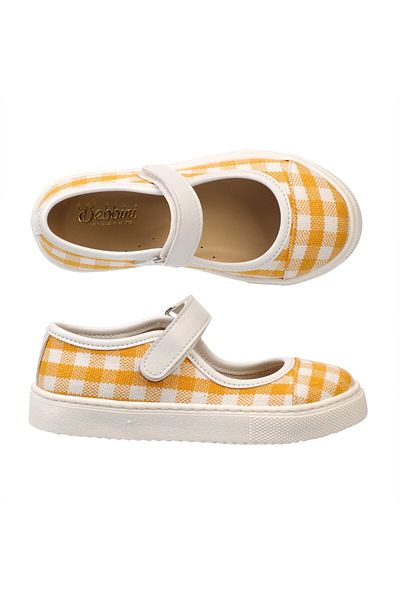 Bebbini Berry-Yellow Linen Checkered Girl's Ballerinas