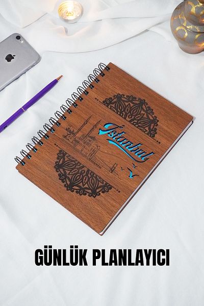markcat Planificator de copertă din lemn de design Istanbul - Bloc de note de planificare zilnică fără timp (NUT) A5 Agenda nedatată