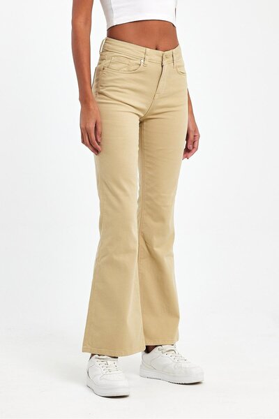 EXPLODE - Kadın Bej Likralı 5 Cep Flare Pantolon