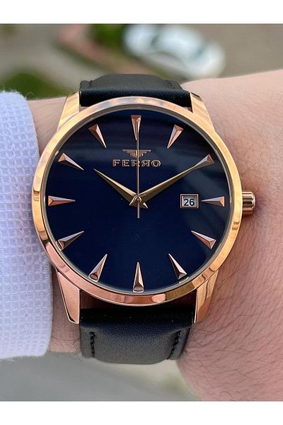 FERRO Calendar Navy Blue-Rose Color Leather Cord 3 Atm Men's Wristwatch EF.11086-H