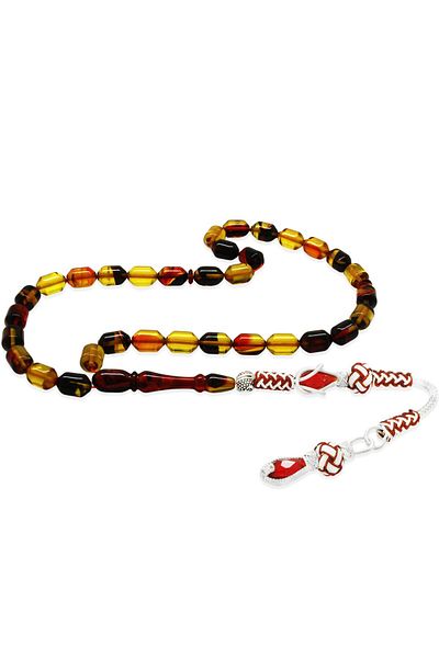 Tesbihane Copper Kazaz Tasseled Tip Capsule Cut Bala-Black Fire Amber Prayer Beads