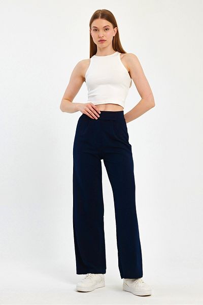 ElitWear Navy Blue Velcro Closure Elastic Waist Flexible Crepe Fabric Palazzo Pants