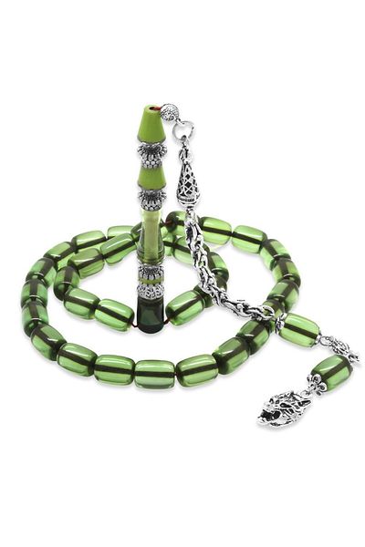 Tesbihane Non-Tarnish Metal Gray Wolf Tasseled Alpaca Nakkaş İmameli Capsule Cut Water Green Crimped Amber Prayer Beads