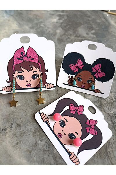 Hiras Dizayn Earring Tag Coated 2 Holes Jewelry Earring Card 3 Different Types Sweet Girl Faced 5x5cm 45 Pieces Mixed