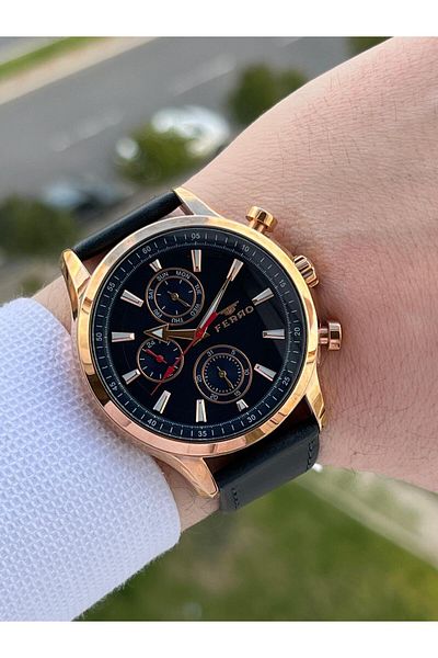 FERRO With Calendar+Inside Functions Active Navy-Rose Color Leather Cord 3 Atm Men's Wristwatch EFM11105-T