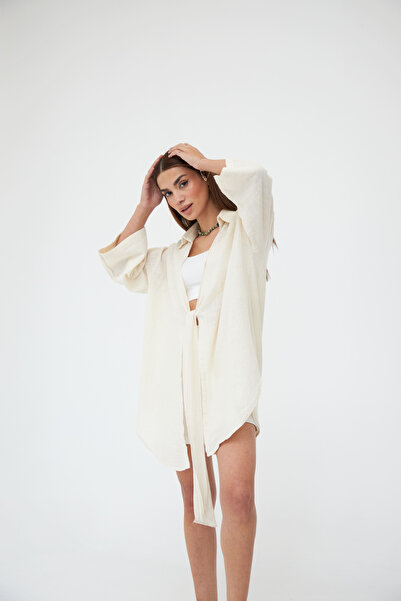 Laluvia Πουκάμισο κιμονό από λινό πέτρινο χρώμα Flam