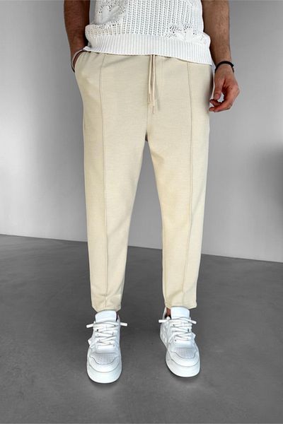 MADZEYMODA Boyfriend Mold Ανδρική Βάφλα Ύφασμα Μπεζ Jogger με ελαστική μέση