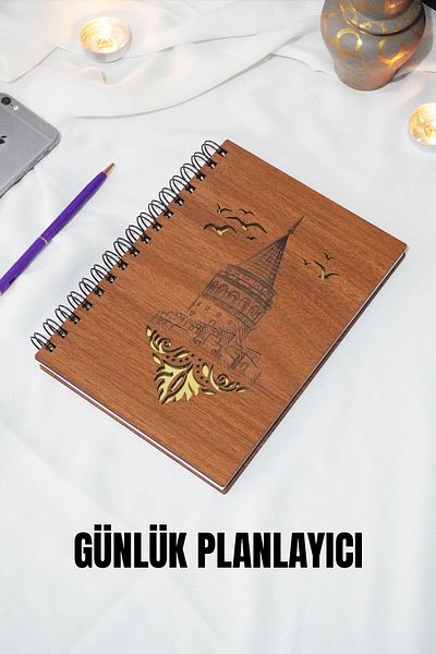 markcat Bloc de note pentru acoperire din lemn Turnul Galata - Agenda fără timp - Planificator zilnic (LEmn de culoare NUC) A5