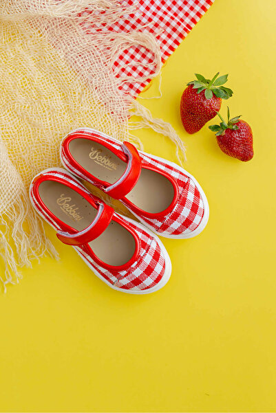 Bebbini Berry-Red Linen Checkered Girl's Ballerinas