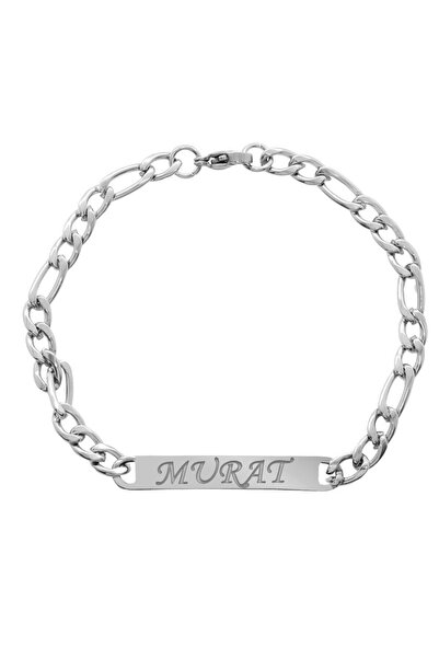 Tesbihane Silver Renk Gurmet Zincirli Basic Model Kişiye Özel İsim/Harf Yazılı Erkek Çelik Bileklik
