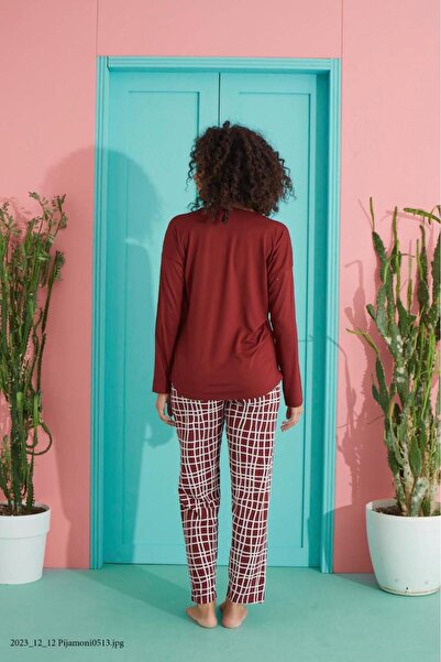 MEBA Milan Long Sleeve Claret Red Striped Combed Cotton Pajama Set -1