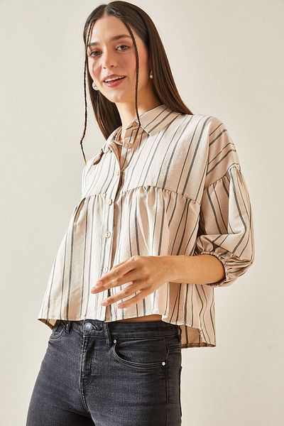 XHAN Beige Striped Balloon Sleeve Crop Shirt 5YXK2-48403-25