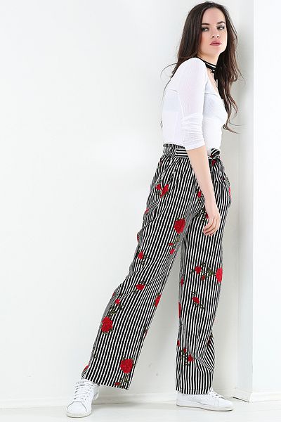 AVORWE Floral Print Striped Palazzo Trousers with Elastic Waist