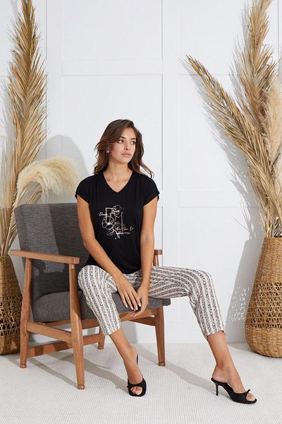 Sevim Women's Short Sleeve Black Pajamas Set C4T8N6O51