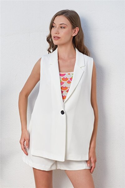 ZF BUTİK Women's Boyfriend Side Tie Vest Ecru