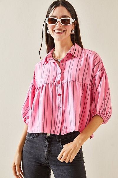 XHAN Fuchsia Striped Balloon Sleeve Crop Shirt 5YXK2-48403-07