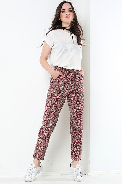 AVORWE Floral Printed Trousers with Self-Lace Pockets