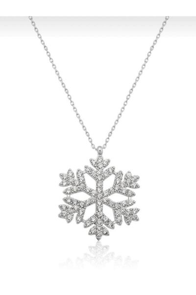 NOVELLA AKSESUAR Gümüş Renk Kadın Kartanesi Kolye Zirkon Beyaz Taşlı Kar Tane...