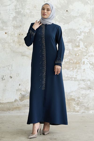 InStyle Right Part Stone Embroidered Ferace - Indigo