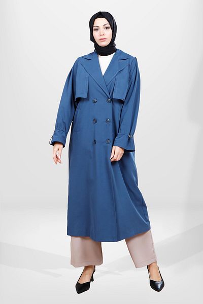 Beyza 3838 Μοντέλο Hijab Indigo Trench Coat - Λεπτομέρεια με κουμπί