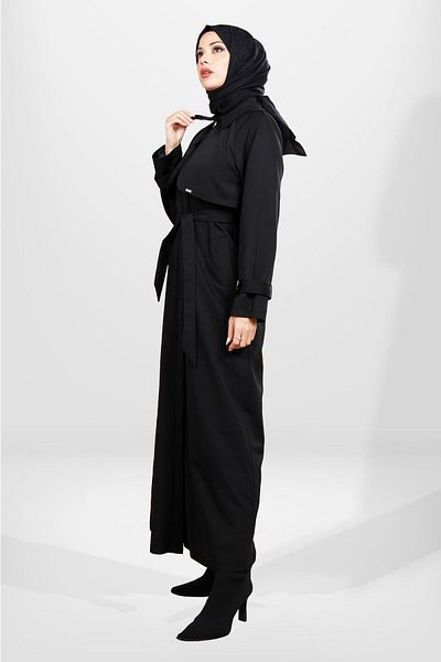 Beyza Μαύρη Hijab Trench Coat - 3840 με κουμπί, ολόσωμο