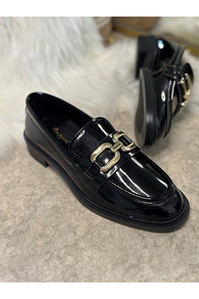 İmerShoes Black Patent Leather Loafer - Women's Loafers with Low Heel, Chain, Oval Toe 100