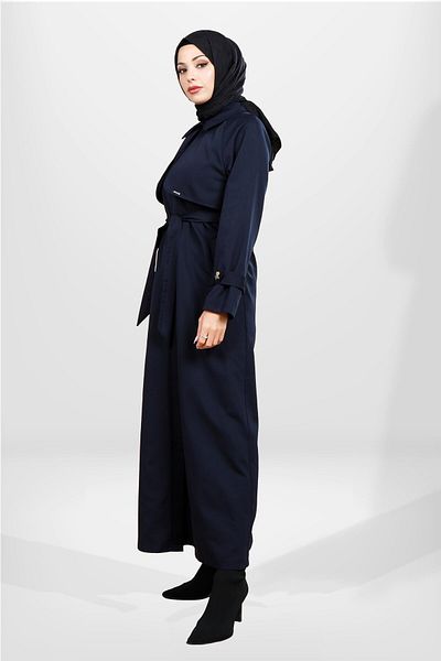 Beyza Μπλε ναυτικό Hijab Trench Coat - 3840 με κουμπί, ολόσωμο